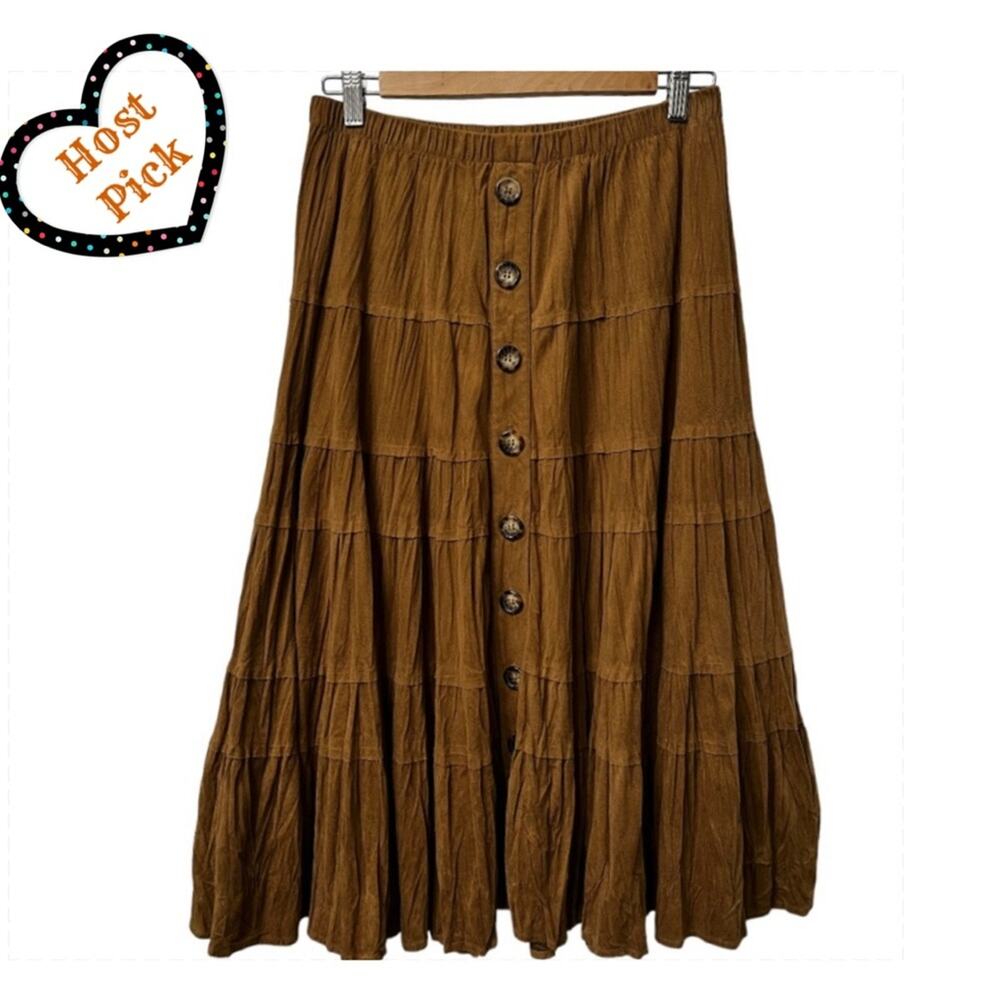 Coldwater Creek Petite XS Women’s 70s Flowy Tan Faux Suede Skirt Faux Buttons